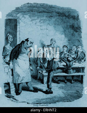 The Adventures of Oliver Twist by Charles Dickens - Oliver asking for more food.  Illustration by George Cruikshank.   English Stock Photo