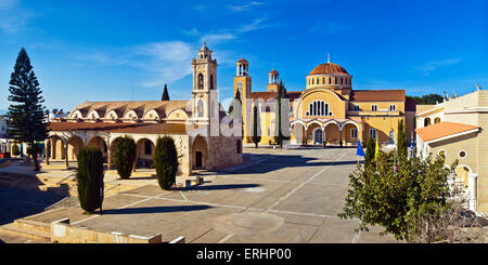 Panorama view of Paralimni city in Cyprus. The medieval church of St George and modern St Varvara basilic on the Cathedral Squar Stock Photo