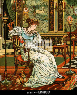 The Hind  in the wood - Illustration from  Madame d'Aulnoy's fairy tale.  Woman pensively sitting with book.Designed by Walter Stock Photo