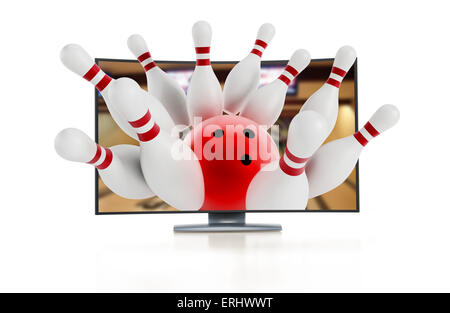 3D television with bowling pins going out of the screen Stock Photo