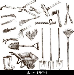 Garden small rake in doodle style on white background. Vector ...