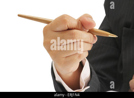 Business woman holding her pen on white background at office Stock Photo