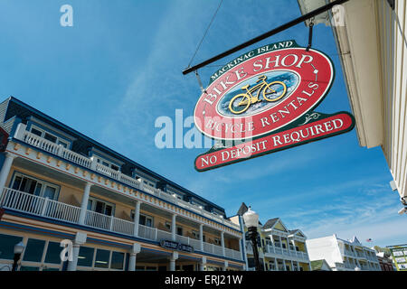 Michigan, Mackinac Island, Main Street, Bike Shop, bicycle rental sign Stock Photo