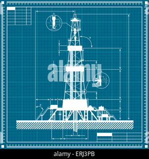 Blueprint of Oil rig silhouette. Detailed vector illustration. Stock Vector
