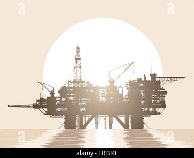 Sea oil rig. Oil platform in the deep sea over rising sun. Detailed vector illustration. Stock Vector