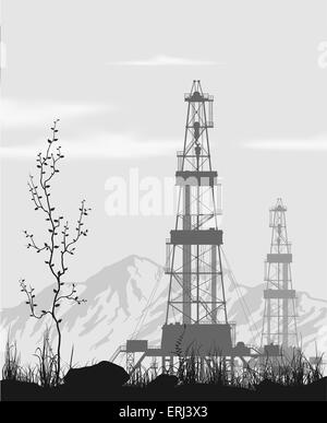 Oil rigs at oilfield over mountain range. Detailed vector illustration. Stock Vector