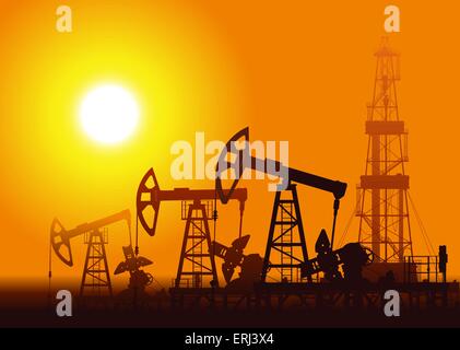 Oil pumps and rig over sunset. Detail vector illustration. Stock Vector