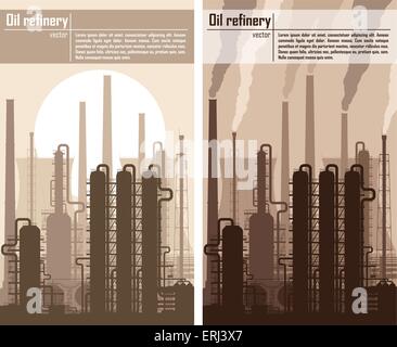 Oil refinery or chemical plant silhouette. Set of two illustration with copy-space. Detailed vector illustration. Stock Vector