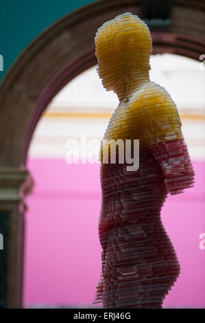 Royal Academy, Burlington House, London, UK. 3rd June, 2015. Press view of the Summer Exhibition which opens to the public on 8 June till 16 August. Matthew Darbyshire's polycarbonate sculpture, Captcha No. 11 (Doryphoros), in the Central Hall. Credit:  Malcolm Park editorial/Alamy Live News Stock Photo
