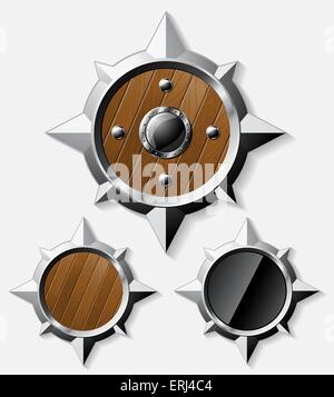 Set of shields from steel and wood in star shape isolated on grey - vector eps10. Stock Vector