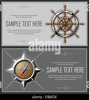 Set of grey abstract striped flyers with nautical elements and copy-space. Vector eps10. Stock Vector