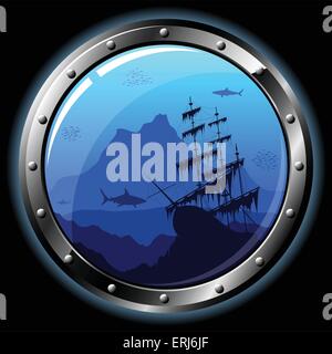 Steel porthole with a view of the underwater world. All transparent elements can be easily removed. Stock Vector