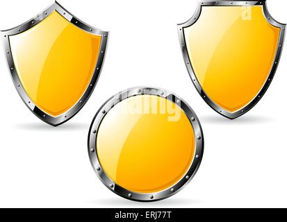 Set of yellow steel shields isolated on white background. Stock Vector