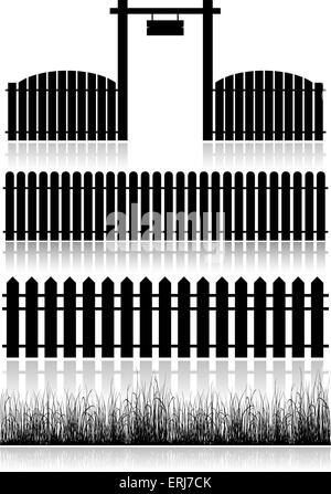 Set of Fences, Gate and grass - black isolated on white. Vector illustration. Stock Vector