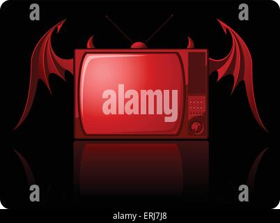 Red evil retro TV with wings isolated on black. Vector illustration. Stock Vector