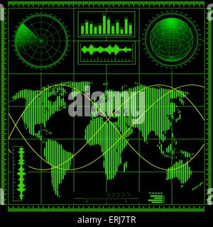 Green radar screen with world map. Digital hud interface vector ...