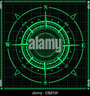 Radar compass rose with globe. Vector illustration. Stock Vector