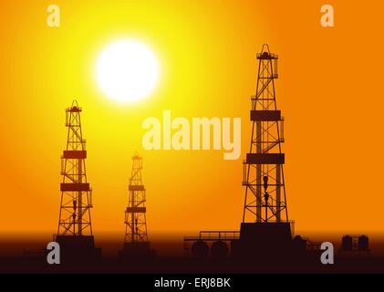 Oil rigs over sunset. Detail vector illustration. Stock Vector