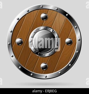 Round wooden shield isolated on white - vector eps10. Stock Vector