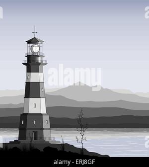 Landscape with detailed lighthouse, mountain range and sea Stock Vector