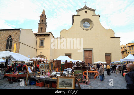 Florence antique street market,  Santo Spirito Flea Market, Mercatino Antiquario Fiorentino, Basilica di Santo Spirito, Stock Photo