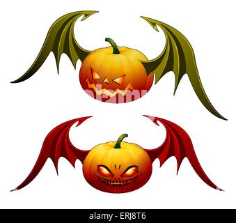 Smiling Halloween pumpkins with wings - isolated on white Stock Vector
