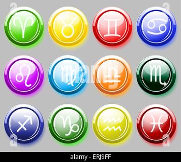 Glossy colore buttons with zodiac signs over gray background. Vector eps10. Stock Vector