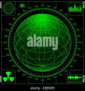 Radar screen with digital globe and scale. Vector illustration. Stock Vector