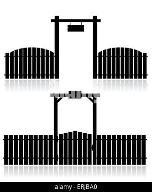 Set of black fences with gate isolated on white background. Vector illustration. Stock Vector