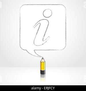 Yellow Lead Pencil with Reflection Drawing Information Icon in Round Cornered Square Shaped Speech Bubble on Pale Background Stock Photo