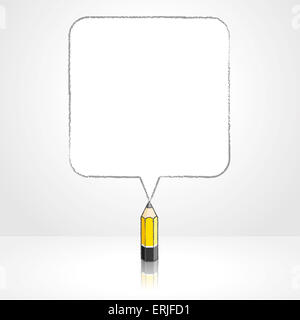 Yellow Lead Pencil with Reflection Drawing Smooth Square Shaped Speech Bubble on Pale Background Stock Photo