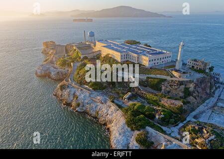 Aerial view over San Francisco at sunset  Aerial view over San Francisco and Alcatraz Island at sunset Stock Photo