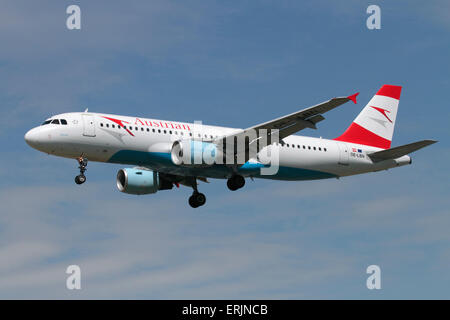 Austrian Airlines Airbus A320 airliner on approach. Civil aviation and commercial air travel. Stock Photo