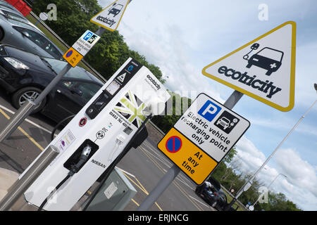 Electric vehicle recharging point provided by Ecotricity at a motorway service station on the M1 motorway UK Stock Photo