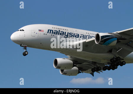 Closeup of a Malaysia Airlines Airbus A380 superjumbo airliner on approach. Modern civil aviation. Stock Photo