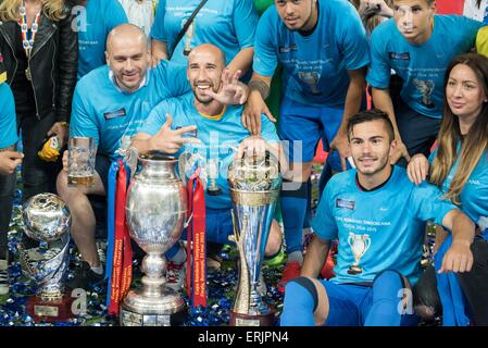 May 31, 2015: The Steaua Bucharest players at the end of the Cupa Romaniei Timisoreana 2014-2015 Finals (Romania Cup Timisoreana Finals) game between FC Universitatea Cluj ROU and FC Steaua Bucharest ROU at National Arena, Bucharest, Romania ROU. Foto: Catalin Soare Stock Photo