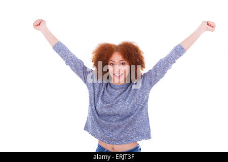 Black happy  African American girl  raising arms up, isolated on white background Stock Photo