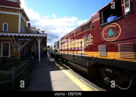 The North Conway Scenic railroad prepares to depart from the station in downtown North Conway, NH Stock Photo