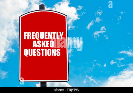 Frequently Asked Questions motivational quote written on red road sign isolated over clear blue sky background. Stock Photo