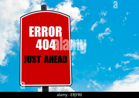 Error 404 Just Ahead written on red road sign isolated over clear blue sky background. Concept  image with available copy space Stock Photo