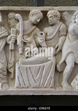 Early Christian. Roman sarcophagus. Adoration of the shepherds. Stock Photo