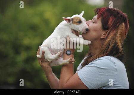 woman with Miniature Bullterrier Stock Photo