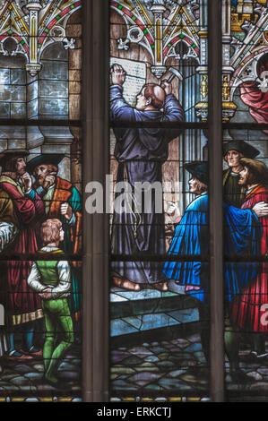 Stained glass window, Martin Luther posting his theses in 1517, interior, Memorial Church of the Protestation Stock Photo