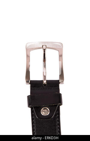 Close up detailed front view of black leather belt buckle, isolated on white background. Stock Photo
