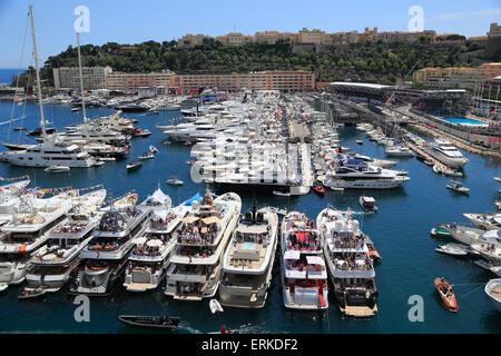 View of Port Hercule with yachts during the Formula 1 Grand Prix 2015, Principality of Monaco Stock Photo