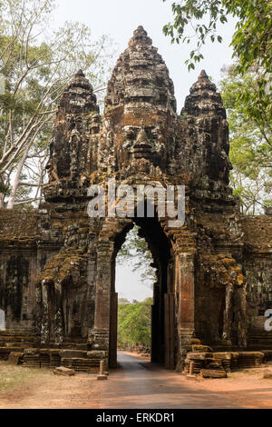 North Gate of Angkor, Avalokiteshvara face tower, Angkor Thom, Siem Reap, Cambodia Stock Photo