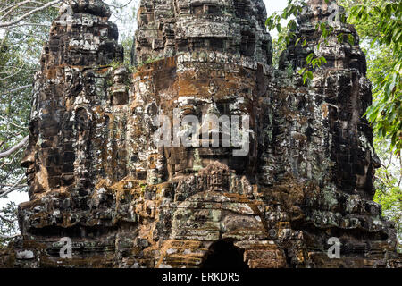 North Gate of Angkor Thom, Avalokiteshvara face tower, detail, Angkor Thom, Siem Reap, Cambodia Stock Photo