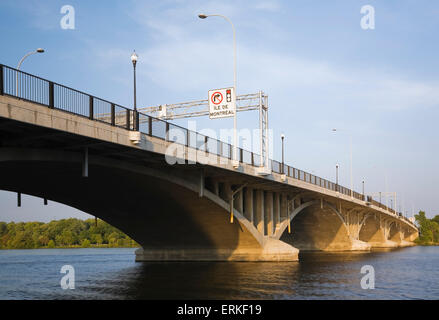 Ahuntsic Bridge, or Viau Bridge, built in 1930, rebuilt in 1962, widened in 1993, spans the Rivière des Prairies between the Stock Photo