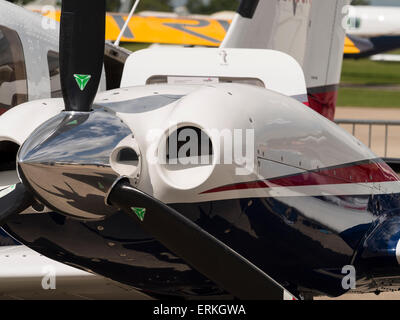 polished propeller of an executive aircraft,at Aerexpo 2015 aviation event,at Sywell airfield,Northamptonshire, Britain Stock Photo