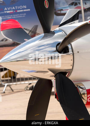 polished propeller of an executive aircraft,at Aerexpo 2015 aviation event,at Sywell airfield,Northamptonshire, Britain Stock Photo